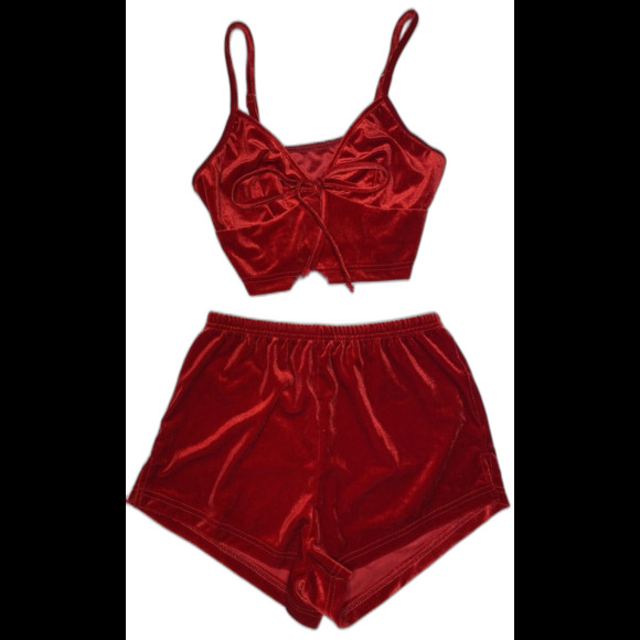 Christmas Velvet Halter Cami Top & Shorts Matching Set Womens XS Red White - Picture 1 of 8
